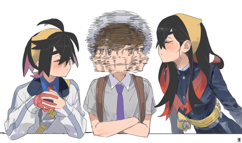 1girl, 2boys, bisexual_male, black_hair, brown_hair, carmine_(pokemon), closed_eyes, crossed_arms