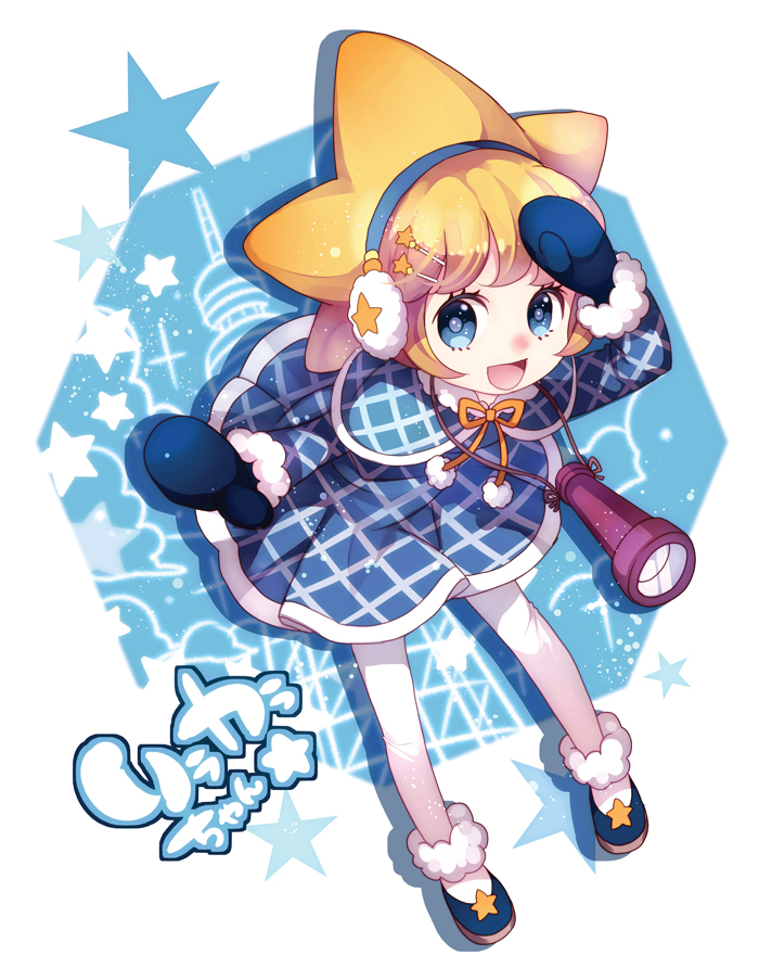 1girl, arm_up, blonde_hair, blue_eyes, bow, coat, dress, earmuffs