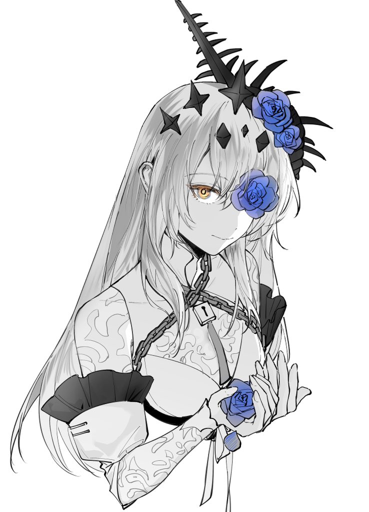 alpha:_crimson_abyss_(apocalyptic_cyan)_(pgr), alpha_(pgr), blue_flower, blue_rose, chain, conch, flower, flower_over_eye