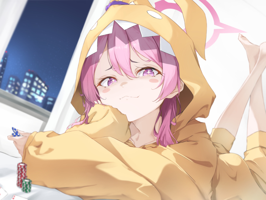 1girl, barefoot, blue_archive, blush_stickers, closed_mouth, haamon_(harmon), hair_between_eyes, halo