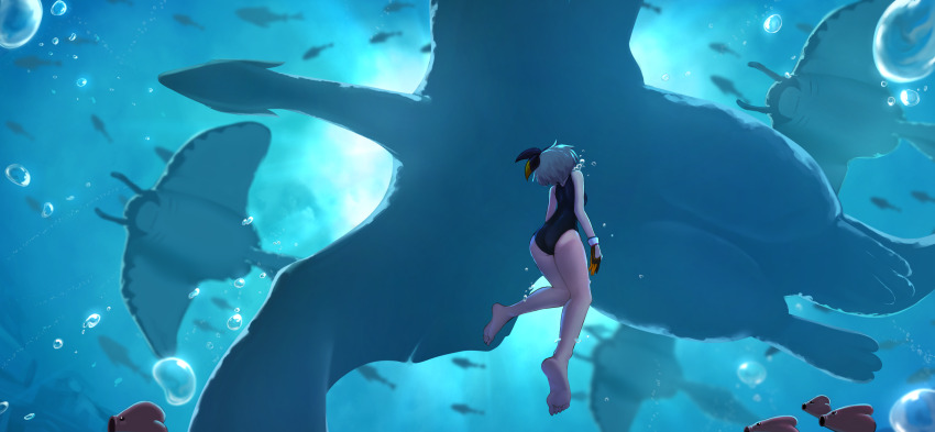 1girl, air_bubble, barefoot, bea_(pokemon), biru_saeika, black_hairband, black_one-piece_swimsuit, bow_hairband