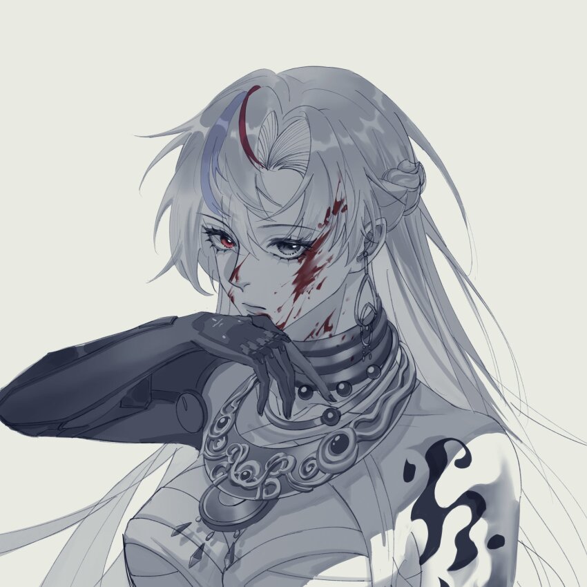 1girl, alpha:_crimson_weave_(zhuolu's_rain)_(pgr), alpha_(pgr), arm_tattoo, bandaged_chest, blood, blood_on_face, braid
