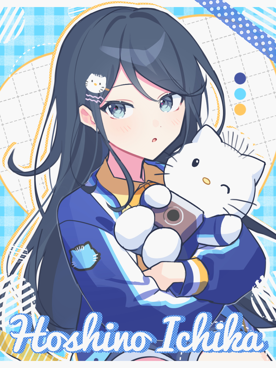 1girl, :o, animal_ears, black_hair, blue_background, blue_eyes, blue_jacket, camera