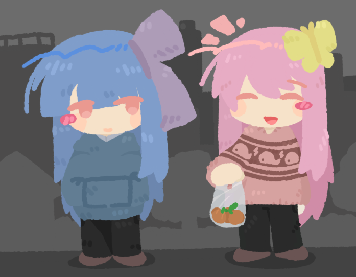 2girls, animal_print, bag, black_pants, blue_hair, blue_hoodie, blush, blush_stickers
