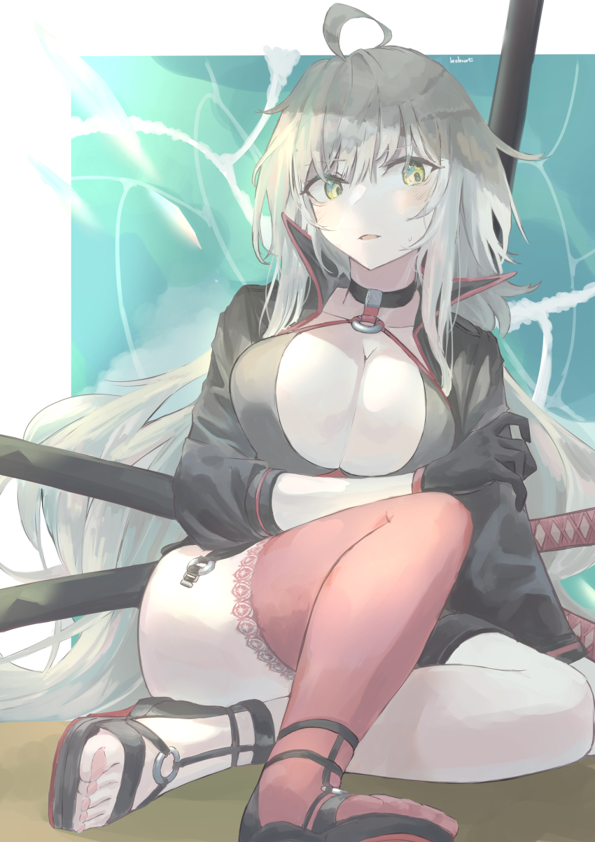 1girl, absurdres, ahoge, bikini, black_bikini, black_gloves, black_jacket, breasts, choker, cleavage, collarbone, cropped_jacket, fate/grand_order, fate_(series), gloves, grey_hair, highres, jacket, jeanne_d'arc_alter_(fate), jeanne_d'arc_alter_(swimsuit_berserker)_(fate), katana, kokoa_10701, large_breasts, long_hair, long_sleeves, looking_at_viewer, o-ring, o-ring_bikini, parted_lips, red_thighhighs, sandals, shrug_(clothing), single_thighhigh, sitting, solo, swimsuit, sword, thigh_strap, thighhighs, very_long_hair, weapon, yellow_eyes