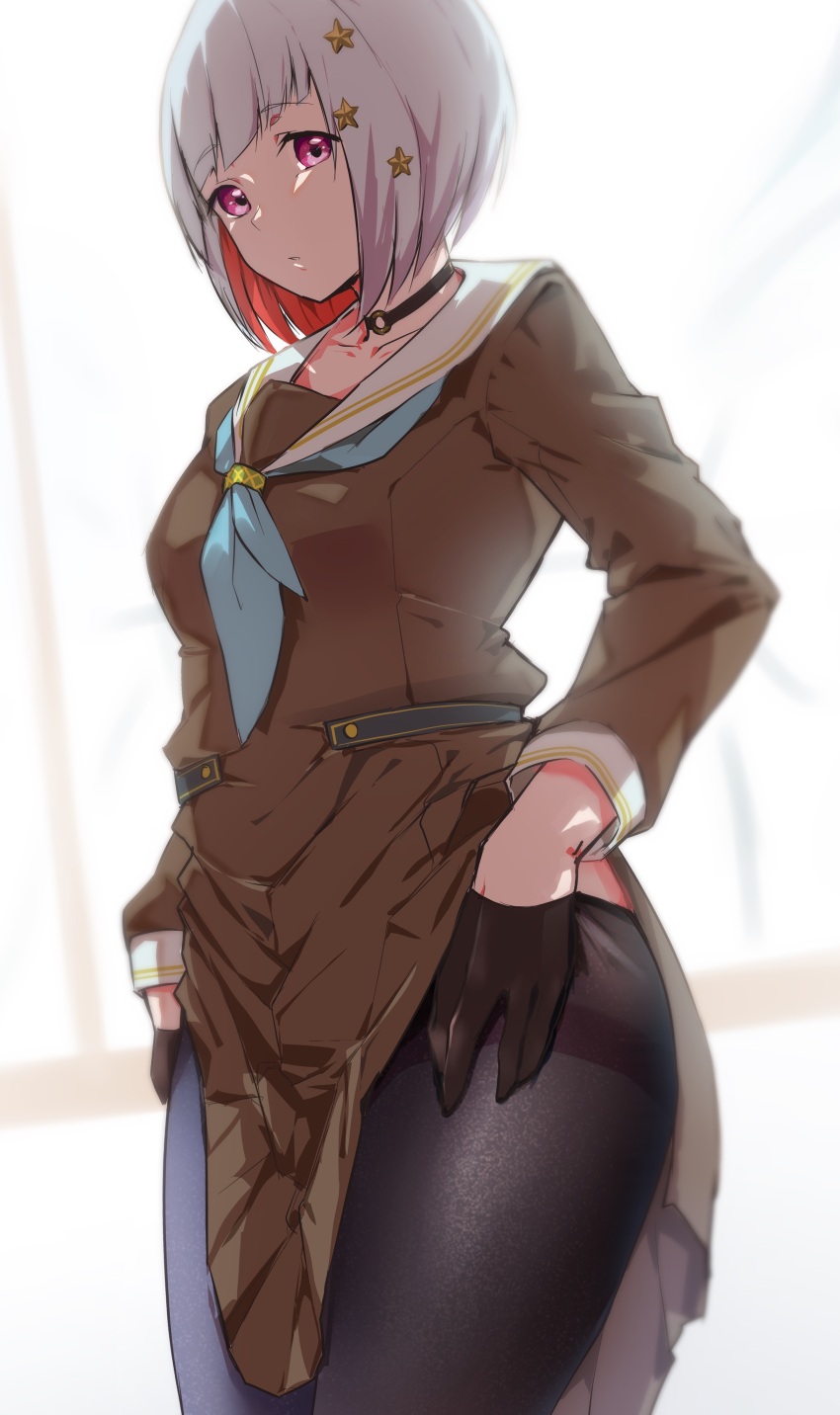 1girl, absurdres, adjusting_clothes, adjusting_legwear, black_choker, black_gloves, black_pantyhose, blue_neckerchief