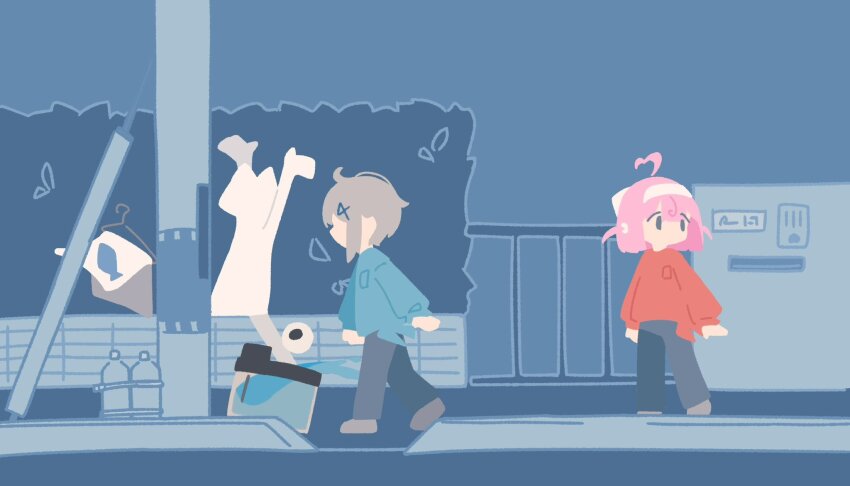 1boy, 2girls, ahoge, animate_object, arms_up, black_eyes, blue_background, blue_shirt