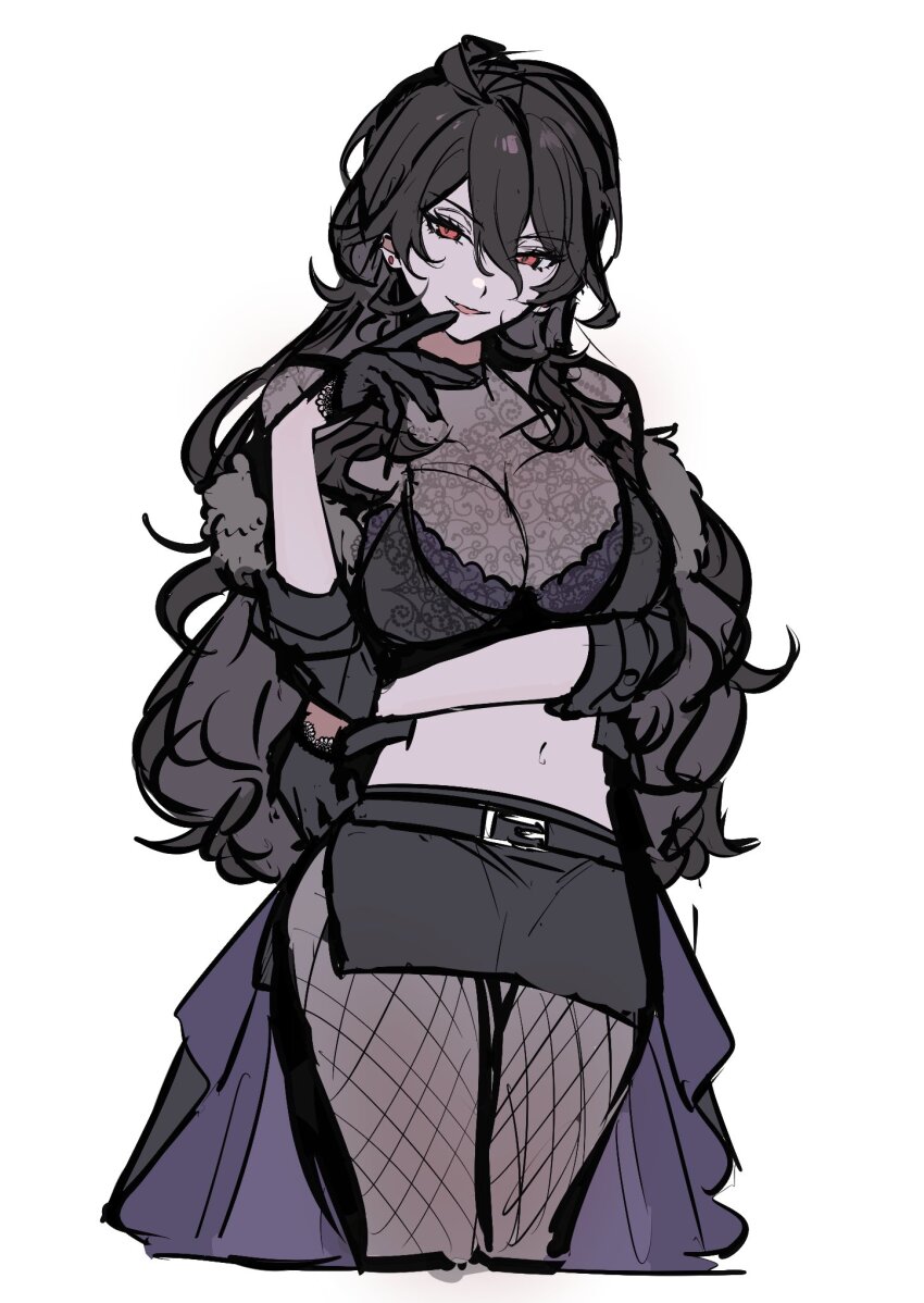 1girl, black_bra, black_gloves, black_hair, black_skirt, bra, crop_top, ensemble_stars!