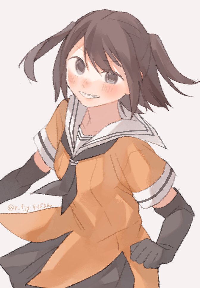 1girl, black_gloves, black_hair, black_neckerchief, black_skirt, brown_eyes, elbow_gloves, gloves