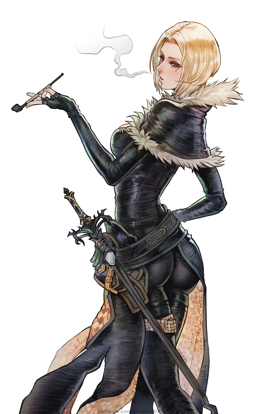 1girl, ass, benedikta_harman, black_bodysuit, black_capelet, black_pants, blonde_hair, blue_eyes, bob_cut, bodysuit, breasts, capelet, cowboy_shot, feather-trimmed_capelet, final_fantasy, final_fantasy_xvi, hand_on_own_hip, highres, holding, holding_smoking_pipe, leather, leather_pants, looking_at_viewer, magion02, medium_breasts, pants, parted_bangs, parted_lips, short_hair, smoking, smoking_pipe, solo, sword, weapon, white_background