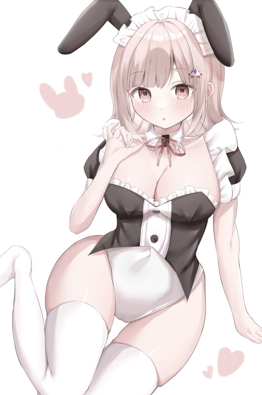 1girl, breasts, cleavage, danganronpa_(series), danganronpa_2:_goodbye_despair, flipped_hair, hair_ornament, heart, highres, large_breasts, medium_hair, nanami_chiaki, neck_ribbon, peko_taro, playboy_bunny, puffy_short_sleeves, puffy_sleeves, ribbon, short_sleeves, skindentation, solo, thighhighs, white_thighhighs