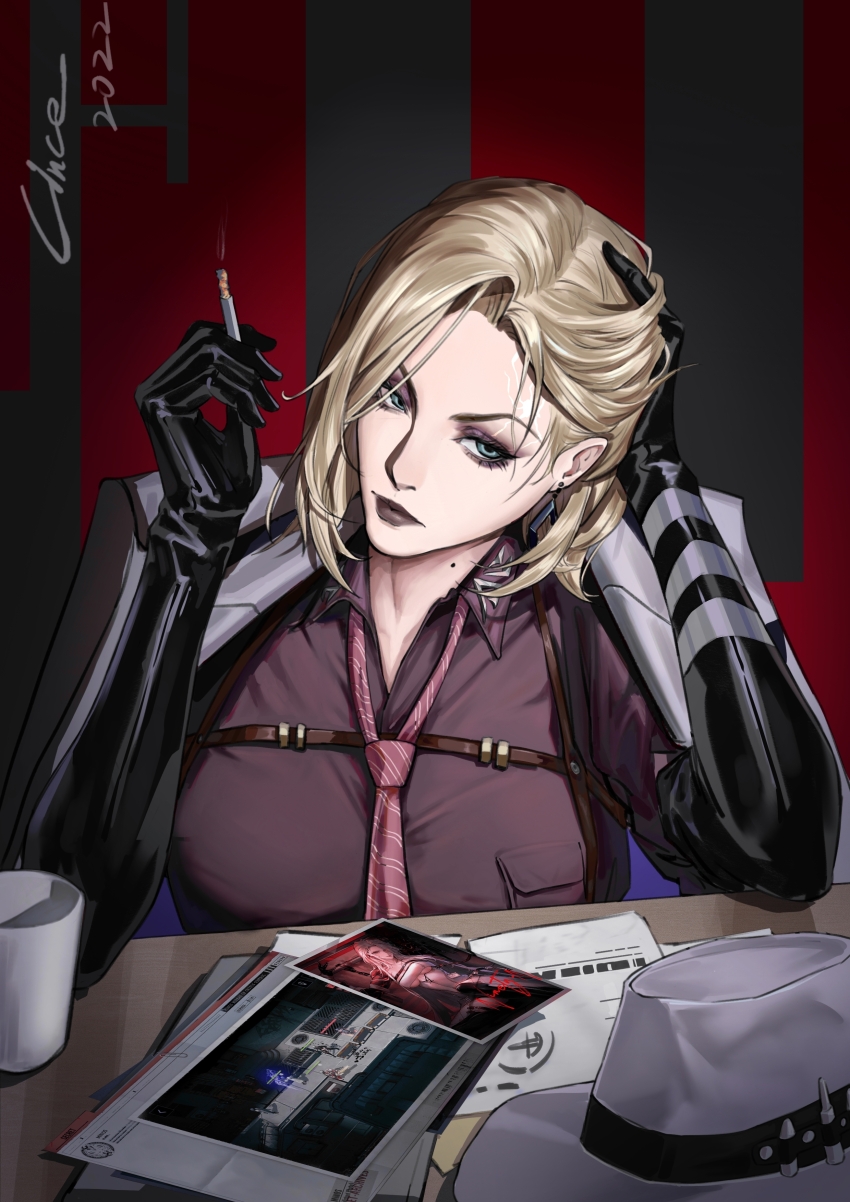 1girl, 2022, absurdres, adjusting_hair, black_gloves, black_lips, blonde_hair, bobby_pin