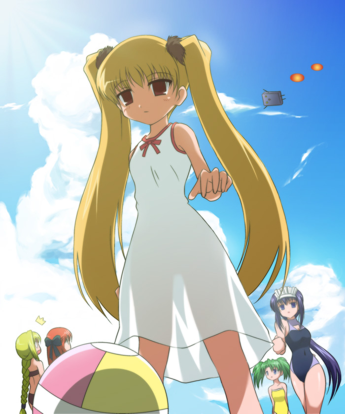 00s, 5girls, ^^^, arms_behind_back, asagi_michiyo, ball, bare_shoulders, beach, beachball, bikini, borrowed_character, braid, casual_one-piece_swimsuit, cloud, day, dutch_angle, empty_eyes, fictional_persona, flying, green_hair, kurosaki_asami, light_rays, mahoraba, maid_headdress, matsuba_satsuki, minazuki_mahiru, motion_blur, multiple_girls, one-piece_swimsuit, ponytail, running, silhouette, single_braid, sky, sunbeam, sunlight, swimsuit, tachibana_(mahoraba), tachibanakoharu