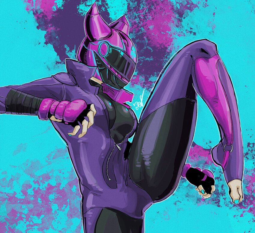 1girl, black_bodysuit, blue_nails, bodysuit, breasts, covering_face, from_side, han_juri, helmet, horns, large_breasts, leg_up, motorcycle_helmet, plus08_(tasuhachi), purple_bodysuit, solo, street_fighter, street_fighter_6