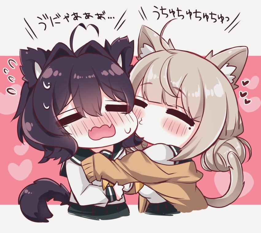 2girls, :3, ahoge, alternate_hair_color, animal_ear_fluff, animal_ears, animalization, araga_kiwi, blush, blush_stickers, breasts, brown_hair, brown_sweater, cat_ears, cat_tail, closed_eyes, closed_mouth, cropped_legs, double_bun, eyebrows_hidden_by_hair, flying_sweatdrops, full-face_blush, green_skirt, gushagusha5, hair_between_eyes, hair_bun, heart, heart_ahoge, highres, hiiragi_utena, hug, incoming_kiss, long_bangs, mahou_shoujo_ni_akogarete, multiple_girls, purple_hair, school_uniform, shirt, short_hair, skirt, small_breasts, sweatdrop, sweater, tail, upper_body, white_shirt
