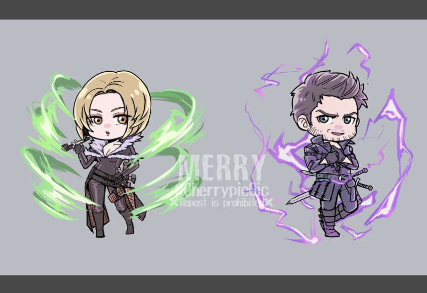 1boy, 1girl, benedikta_harman, black_bodysuit, black_capelet, black_pants, blonde_hair, bob_cut