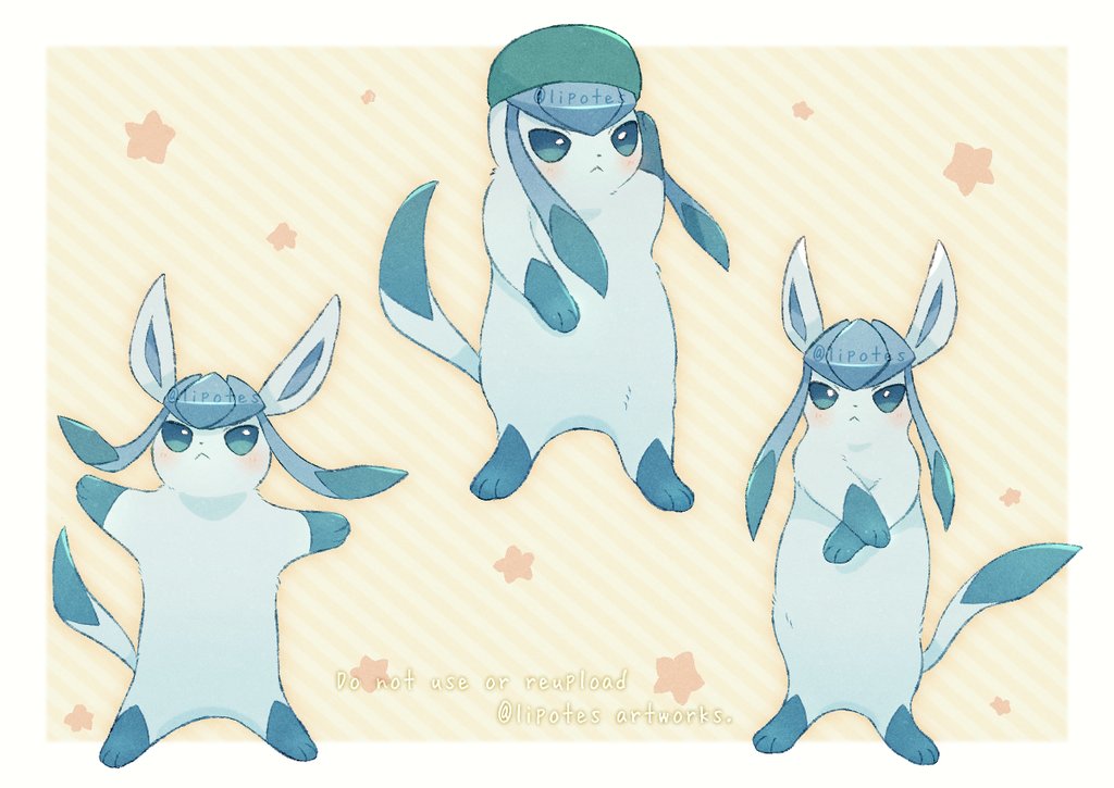 alopias, animal_focus, blue_eyes, border, closed_mouth, commentary_request, dancing, full_body, gen_4_pokemon, glaceon, happy_happy_happy_cat_(meme), i_don't_like_your_girlfriend_cat_(meme), looking_at_viewer, meme, multiple_views, nintendo, no_humans, pokemon, pokemon_(creature), rearing, standing, star_(symbol), striped_background, white_border, yellow_background