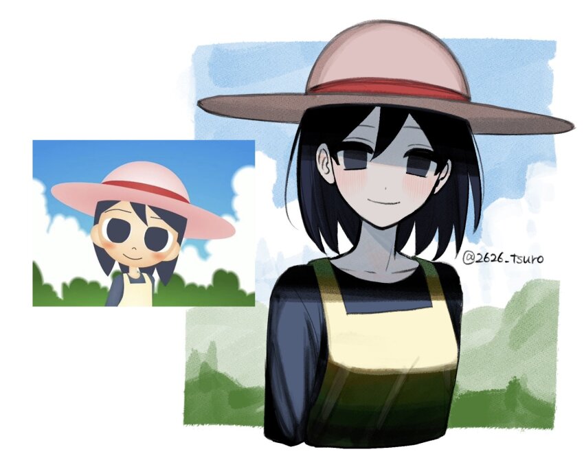 1girl, 26_(tsuro), andou_natsumi, arms_at_sides, black_eyes, black_hair, black_shirt, blue_sky, blush, closed_mouth, cloud, cloudy_sky, collarbone, commentary, cropped_torso, day, dress, empty_eyes, hat, head_tilt, highres, long_sleeves, looking_at_viewer, medium_hair, mountainous_horizon, multiple_views, natsumi_step!, outside_border, pale_skin, photo-referenced, pinafore_dress, reference_inset, shirt, sky, sleeveless, sleeveless_dress, smile, straw_hat, sun_hat, yellow_dress