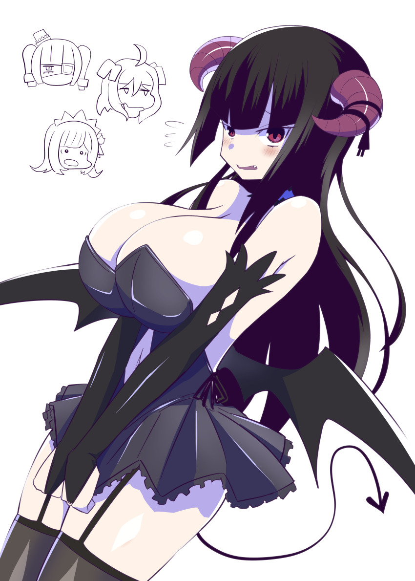 4girls, absurdres, atre_(jashin-chan_dropkick), black_gloves, black_hair, black_skirt, black_thighhighs, blush