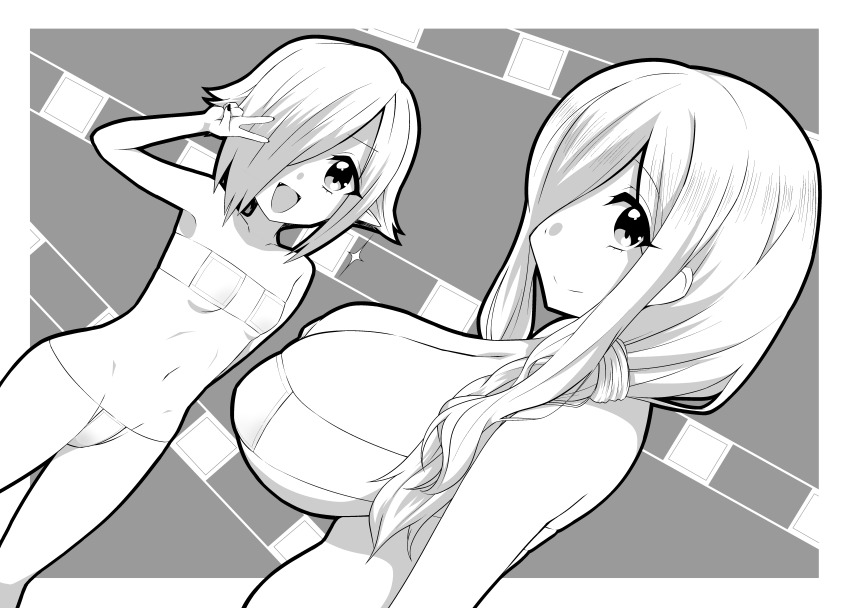 2girls, absurdres, age_difference, bikini, breasts, closed_mouth, fangs, greyscale