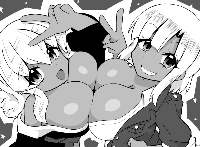 2girls, absurdres, breasts, cleavage, greyscale, grin, gyaru, hair_ornament