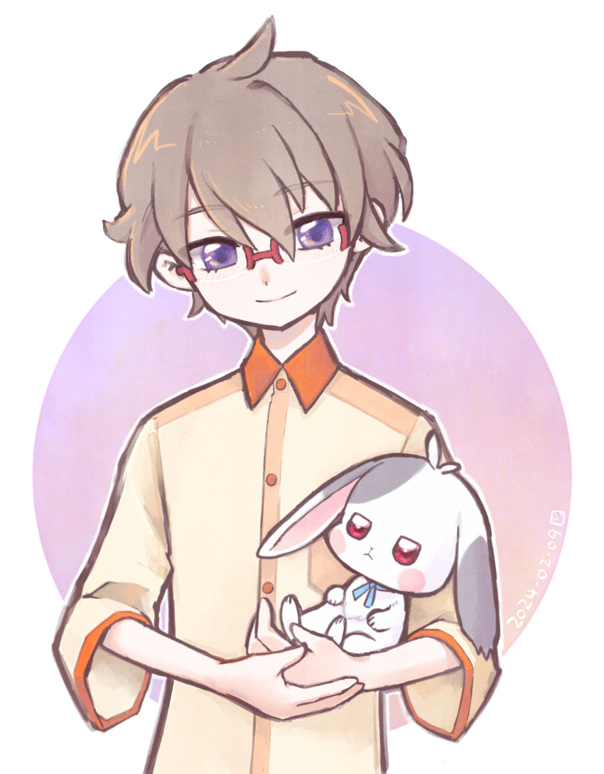 1boy, absurdres, ahoge, animal, brown_hair, closed_mouth, daifuku_(precure), dated, dot_nose, head_tilt, highres, holding, holding_animal, jitome, looking_at_viewer, male_focus, noitorite, orange_shirt, precure, purple_eyes, rabbit, red_eyes, shirt, smile, toyama_daifuku, toyama_daifuku_(rabbit), toyama_satoru, upper_body, wonderful_precure!