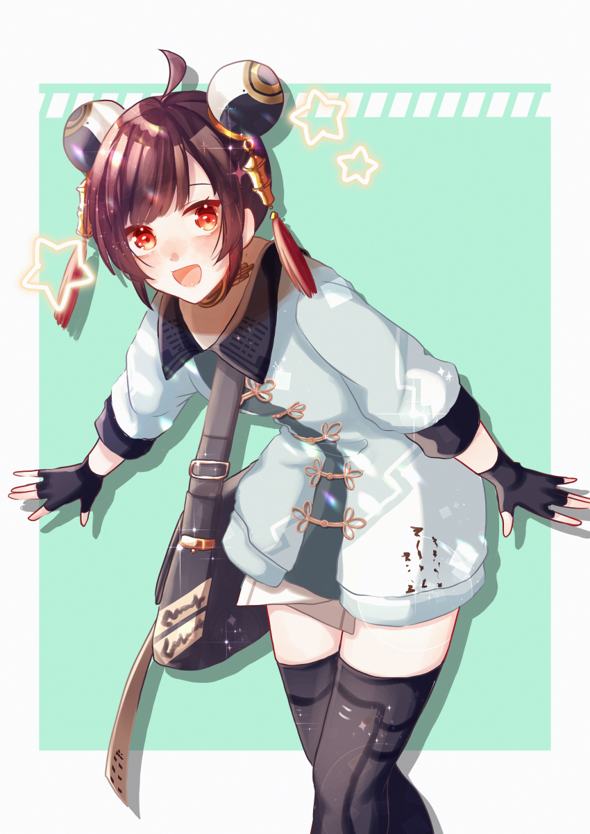 1girl, absurdres, ahoge, asymmetrical_bangs, black_bag, black_gloves, black_thighhighs, brown_hair