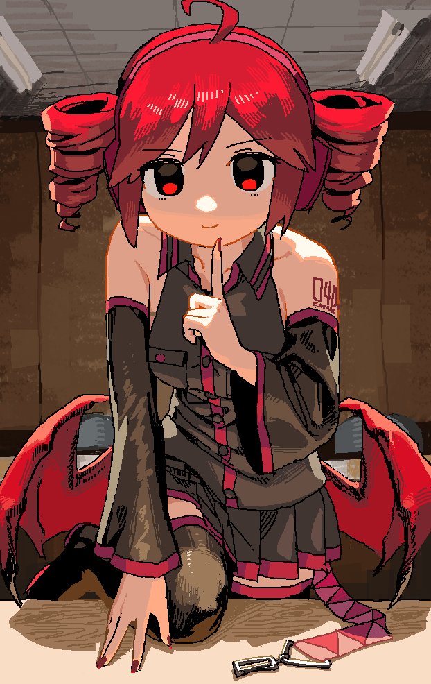 1girl, ahoge, bare_shoulders, breasts, buttons, closed_mouth, collared_shirt, cowboy_shot, demon_wings, detached_sleeves, drill_hair, finger_to_own_chin, grey_shirt, grey_skirt, grey_sleeves, grey_thighhighs, hand_up, indoors, inemuri_(jdq5e), jaggy_lines, kasane_teto, kasane_teto_(utau), leg_up, long_sleeves, looking_at_viewer, low_wings, miniskirt, pleated_skirt, red_eyes, red_hair, red_nails, red_wings, shirt, skirt, sleeveless, sleeveless_shirt, small_breasts, smile, solo, standing, thighhighs, twin_drills, utau, wings, zettai_ryouiki