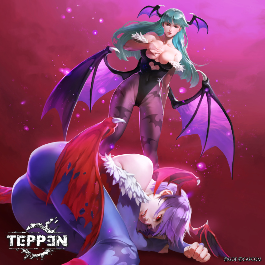 2girls, animal_print, arm_warmers, ass, bare_shoulders, bat_print, black_leotard, blue_arm_warmers, blue_pantyhose, breasts, bridal_gauntlets, cleavage, collarbone, commentary_request, company_name, covered_navel, darkstalkers, demon_girl, demon_wings, feather_trim, fingernails, gradient_background, green_hair, hand_on_own_chest, hand_up, head_wings, highleg, highleg_leotard, highres, large_breasts, leotard, lilith_(darkstalkers), lips, logo, long_hair, low_wings, lying, morrigan_aensland, multiple_girls, official_art, on_side, pantyhose, parted_lips, pink_arm_warmers, purple_hair, purple_pantyhose, red_eyes, red_leotard, shiyuu_(shiyu), short_hair, skin_tight, standing, teeth, teppen, wings