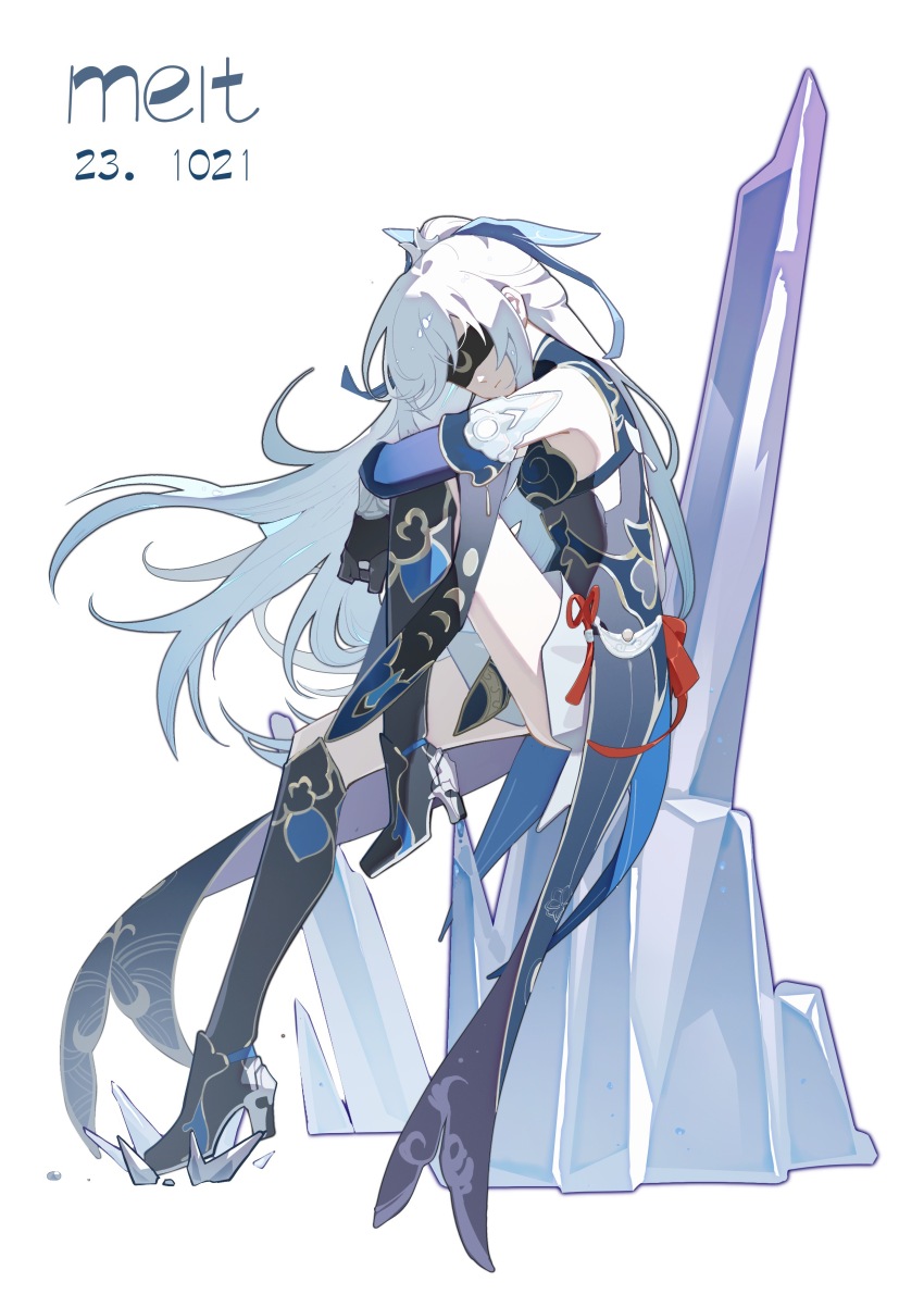 1girl, absurdres, arm_rest, black_boots, black_gloves, blindfold, blue_dress, boots