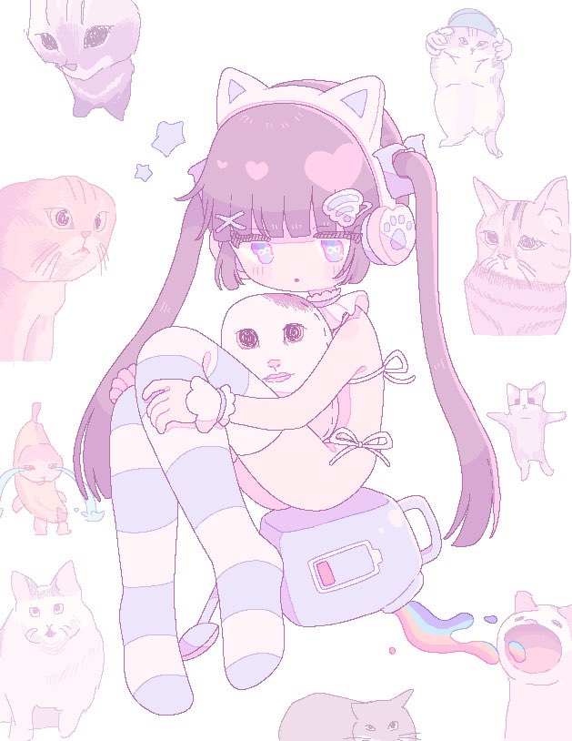 1girl, animal_ear_headphones, animal_ears, battery_indicator, blunt_bangs, cat, cat_ear_headphones, cat_ears, chipi_chipi_chapa_chapa_(meme), detached_collar, fake_animal_ears, full_body, hair_ornament, happy_happy_happy_cat_(meme), headphones, huh?_cat_(meme), i_don't_like_your_girlfriend_cat_(meme), infinity_symbol, knees_up, loli, long_hair, looking_at_viewer, meme, multicolored_eyes, no_shoes, original, rainbow, sad_banana_cat_(meme), sitting, solo, star_(symbol), striped_clothes, striped_thighhighs, symbol_in_eye, thighhighs, twintails, very_long_hair, white_background, wrist_cuffs, x_hair_ornament, yo_(wetpotatosunsun)