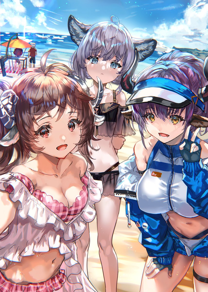 2others, 3girls, alternate_costume, animal_ears, arknights, arms_behind_back, bare_shoulders, beach