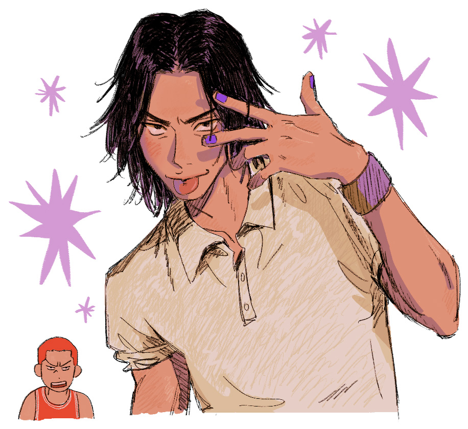 2boys, black_hair, buzz_cut, kiyota_nobunaga, looking_at_viewer, male_focus, mmoeblush, multiple_boys