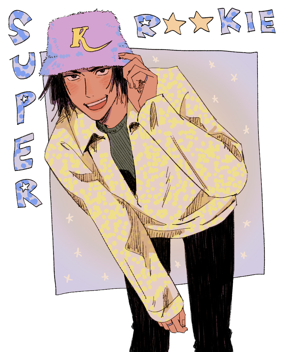 1boy, adjusting_clothes, adjusting_headwear, black_hair, bucket_hat, english_text, hat, kiyota_nobunaga, looking_at_viewer, male_focus, mmoeblush, simple_background, slam_dunk_(series), smile, solo, white_background