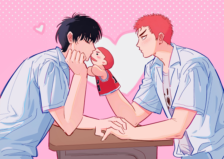 2boys, absurdres, arm_rest, black_eyes, black_hair, blush, closed_eyes, cou