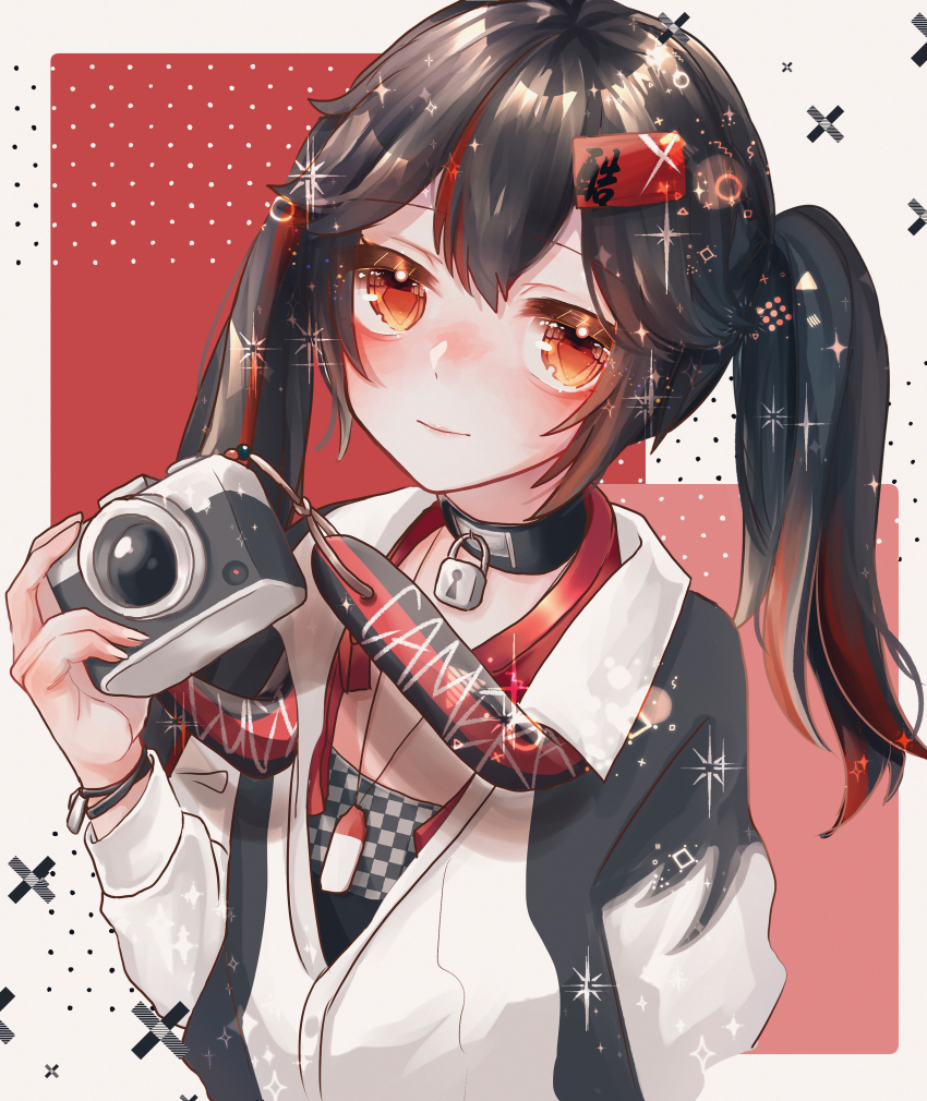 1girl, absurdres, black_choker, black_hair, black_jacket, black_shirt, bracelet, camera