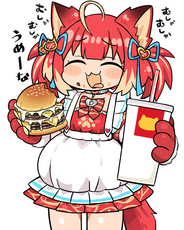 1girl, :3, akami_karubi, animal_hands, apron, blonde_hair, bow, burger