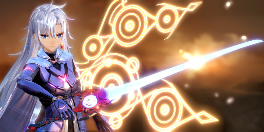 1girl, a_(xenoblade), absurdres, alvis_(xenoblade), blender_(medium), blue_eyes, cape, core_crystal_(xenoblade), dark_skin, earrings, eyelashes, gloves, glowing, highres, holding, holding_sword, holding_weapon, jewelry, long_hair, monado, monolith_soft, normal_(artist), single_earring, single_wing, sword, weapon, white_hair, wings, xeno_(series), xenoblade_chronicles_(series), xenoblade_chronicles_1, xenoblade_chronicles_3, xenoblade_chronicles_3:_future_redeemed