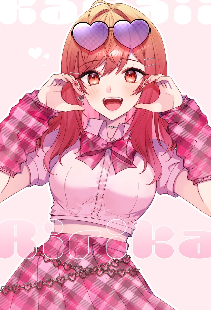 1girl, absurdres, ahoge, bow, character_name, cropped_shirt, earrings, eyewear_on_head