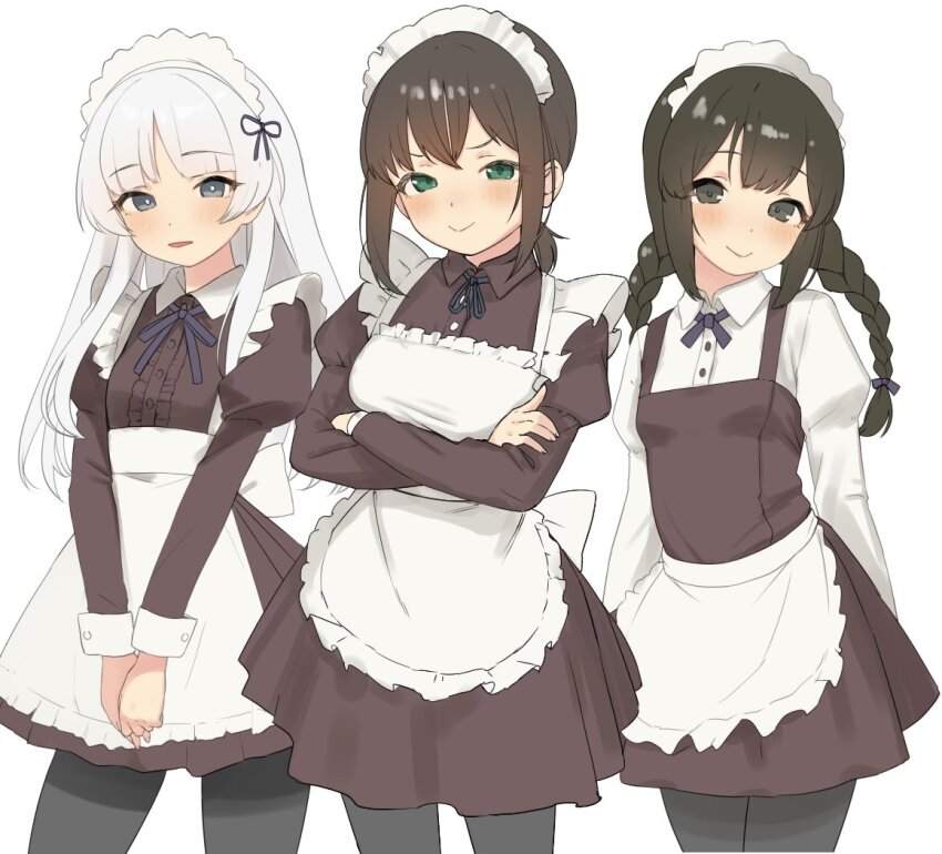 3girls, alternate_costume, apron, black_pantyhose, black_ribbon, blunt_bangs, blush, braid