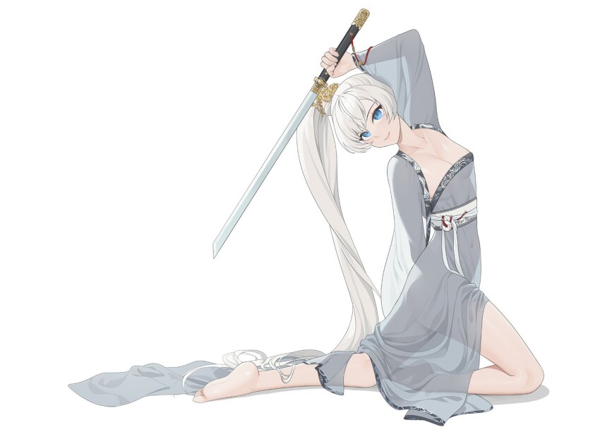 1girl, arm_up, bare_legs, barefoot, blue_eyes, breasts, chinese_clothes, closed_mouth, collarbone, dress, from_side, full_body, grey_dress, grey_hair, hair_flowing_over, hair_ornament, hanfu, highres, holding, holding_sword, holding_weapon, kneeling, leaning_back, long_hair, long_sleeves, looking_to_the_side, medium_breasts, navel, no_bra, no_panties, ponytail, qixiong_ruqun, rwby, sash, scar, scar_across_eye, scar_on_face, see-through_clothes, see-through_dress, shrug_(clothing), simple_background, smile, soles, solo, strapless, strapless_dress, sword, unsheathed, very_long_hair, wangxiii, weapon, weiss_schnee, white_background, white_hair, wide_sleeves, yaopei