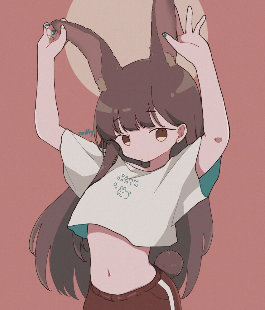 1girl, animal_ears, arms_up, brown_eyes, brown_hair, circle, closed_mouth, commentary, crop_top, crop_top_overhang, cropped_shirt, earrings, extra_ears, hands_on_animal_ears, highres, jewelry, long_hair, looking_at_viewer, midriff, multicolored_nails, nail_polish, original, print_shirt, rabbit_ears, rabbit_girl, rabbit_tail, red_background, rororodly, shirt, solo, t-shirt, tail, two-sided_fabric, upper_body, very_long_hair, white_shirt