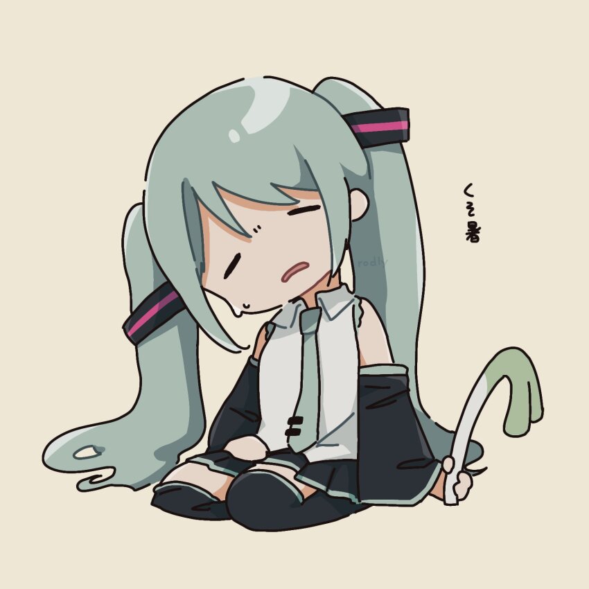 1girl, bare_shoulders, black_sleeves, black_thighhighs, chibi, cinnamiku, closed_eyes, collared_shirt, commentary_request, detached_sleeves, facing_viewer, food, green_hair, green_necktie, hair_down, hair_ornament, hatsune_miku, highres, holding, holding_food, holding_spring_onion, holding_vegetable, hot, long_hair, melting, necktie, rororodly, seiza, shirt, simple_background, sitting, solo, spring_onion, thighhighs, tie_clip, vegetable, very_long_hair, vocaloid, white_shirt, zettai_ryouiki