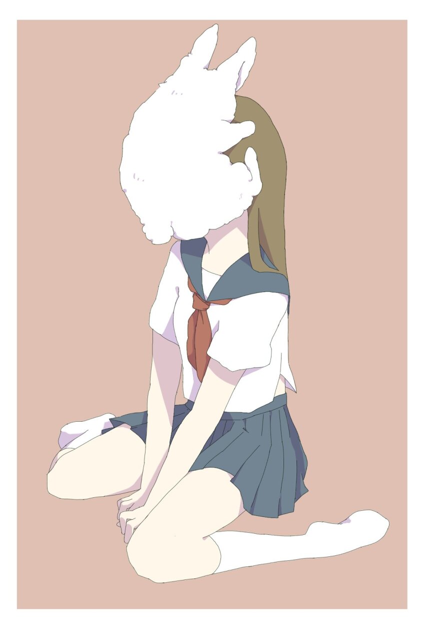 1girl, animal, animal_on_face, blue_skirt, border, brown_hair, covered_face, full_body