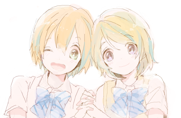 2girls, bad_drawr_id, bad_id, blonde_hair, blue_bow, blue_bowtie, bow, bowtie