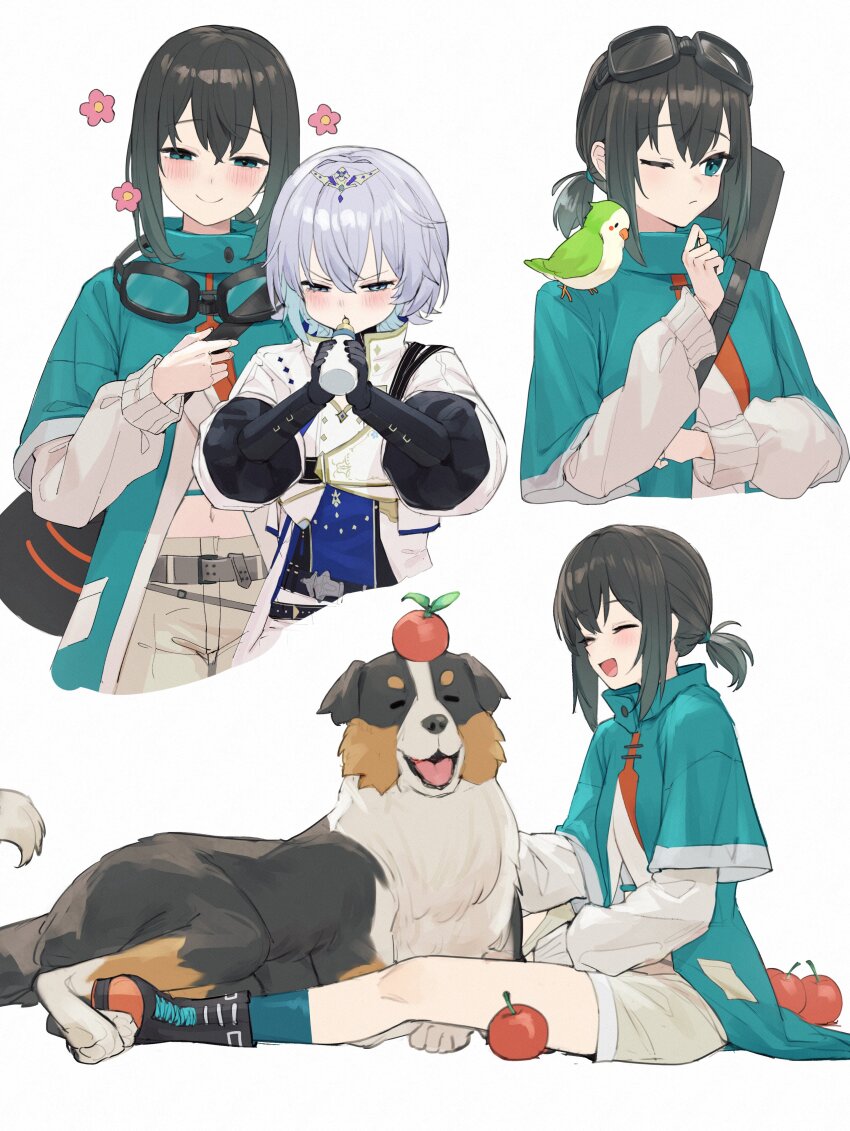 2girls, absurdres, animal, animal_on_shoulder, apple, apple_on_head, baby_bottle, belt