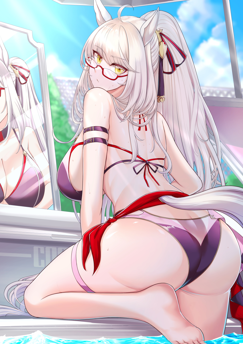 1girl, absurdres, ahoge, alternate_costume, alternate_hairstyle, animal_ears, arm_strap, ass, barefoot, bikini, biwa_hayahide_(umamusume), blue_sky, breasts, chair, commentary_request, feet, foot_out_of_frame, from_behind, grey_hair, highres, horse_ears, horse_girl, horse_tail, large_breasts, lens_flare, long_hair, looking_at_viewer, looking_back, mirror, outdoors, ponytail, poolside, purple_bikini, red-framed_eyewear, reflection, same_kujira_(challenger_310), semi-rimless_eyewear, sky, solo, swimsuit, tail, thigh_strap, umamusume, under-rim_eyewear, yellow_eyes