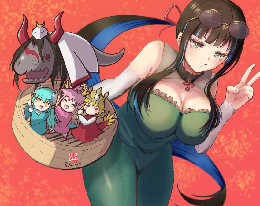 5girls, absurdres, bare_shoulders, black_hair, blue_hair, breasts, chibi, cleavage, cleavage_cutout, clothing_cutout, colored_inner_hair, detached_sleeves, dinosaur, dress, eliza_the_nine-tattooed_dragon_(fate), elizabeth_bathory_(fate), eyeliner, eyewear_on_head, fate/grand_order, fate_(series), green_dress, grey_eyes, grin, highres, kijo_kouyou_(fate), kijo_kouyou_(first_ascension)_(fate), kiyohime_(fate), kiyohime_(first_ascension)_(fate), large_breasts, long_hair, looking_at_viewer, makeup, multicolored_hair, multiple_girls, nero_claudius_(fate), ponytail, queen_draco_(fate), queen_draco_(first_ascension)_(fate), round_eyewear, sidelocks, smile, sunglasses, tenochtitlan_(fate), tetsu_no_samurai, v