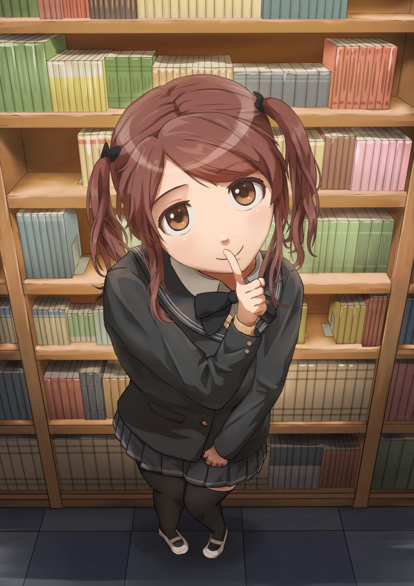 1girl, amagami, black_bow, black_bowtie, black_jacket, black_sailor_collar, black_thighhighs, book, bookend, bookshelf, bow, bowtie, brown_eyes, brown_hair, brown_sweater, checkered_floor, closed_mouth, collared_shirt, commentary, dress_shirt, finger_to_mouth, foreshortening, from_above, full_body, grey_skirt, hair_bow, head_tilt, highres, index_finger_raised, indoors, jacket, kibito_high_school_uniform, library, long_sleeves, looking_at_viewer, looking_up, medium_hair, mikawa_mikan, nakata_sae, pantyhose, perspective, pleated_skirt, sailor_collar, school_uniform, shadow, shirt, shoes, shushing, skirt, smile, solo, standing, sweater, swept_bangs, thighhighs, tile_floor, tiles, twintails, upturned_eyes, uwabaki, white_shirt