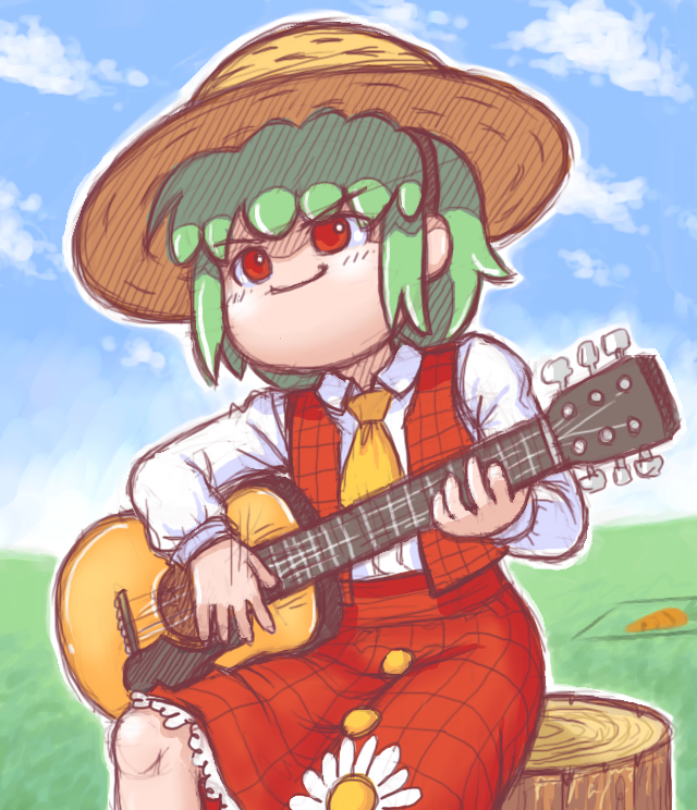 1girl, acoustic_guitar, ascot, bad_deviantart_id, bad_id, carrot, female_focus, flower, green_hair, guitar, hat, instrument, kazami_yuuka, kouotsu, plaid_clothes, plaid_skirt, plaid_vest, red_eyes, shirt, short_hair, skirt, skirt_set, solo, straw_hat, touhou, vest, white_shirt, yukkuri_shiteitte_ne